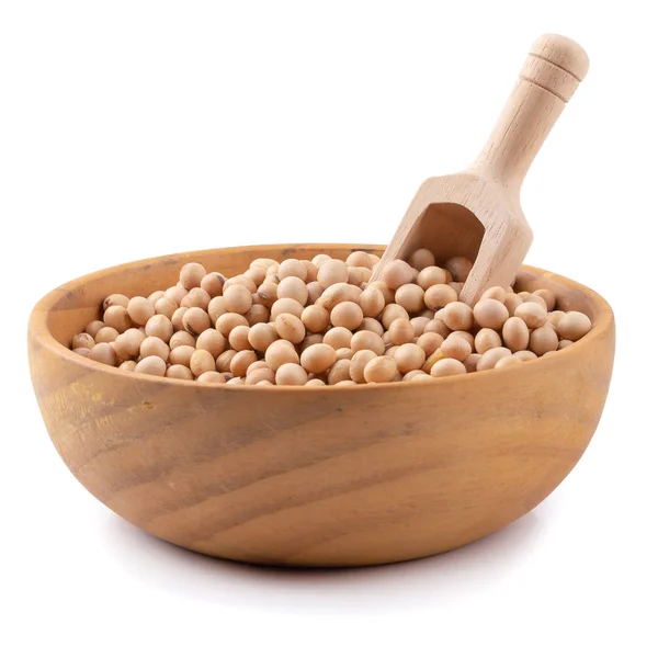 Soybean in a wooden bowl isolated on white background — Stock Photo, Image
