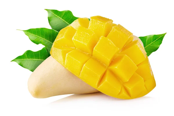 Frutta al mango con cubetti di mango e fette Isolate su dorso bianco — Foto Stock