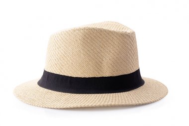 Adam beyaz üzerinde izole için siyah kurdele ile Vintage Hasır şapka 