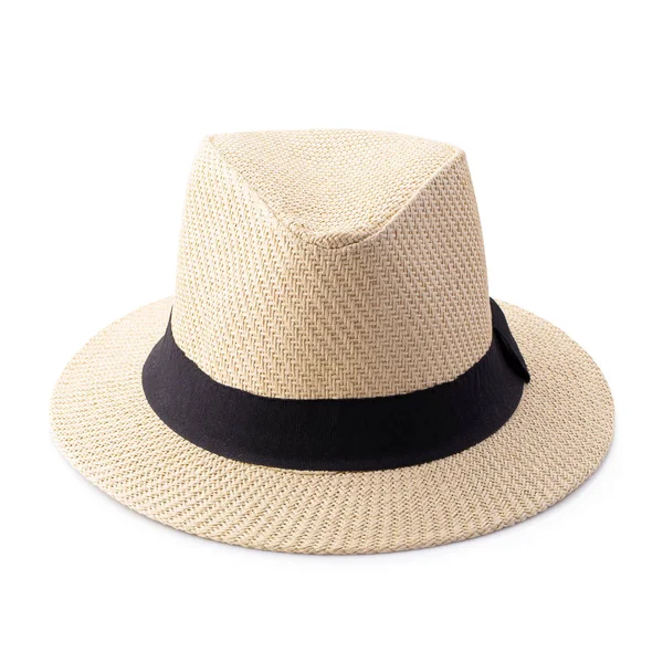 Vintage ψάθινο καπέλο με μαύρη κορδέλα για τον άνθρωπο απομονώνεται πάνω από το λευκό — Φωτογραφία Αρχείου