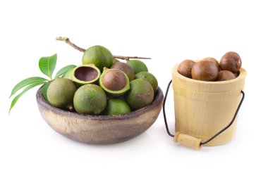 Beyaz arka planda izole edilmiş Macadamia fındıkları.