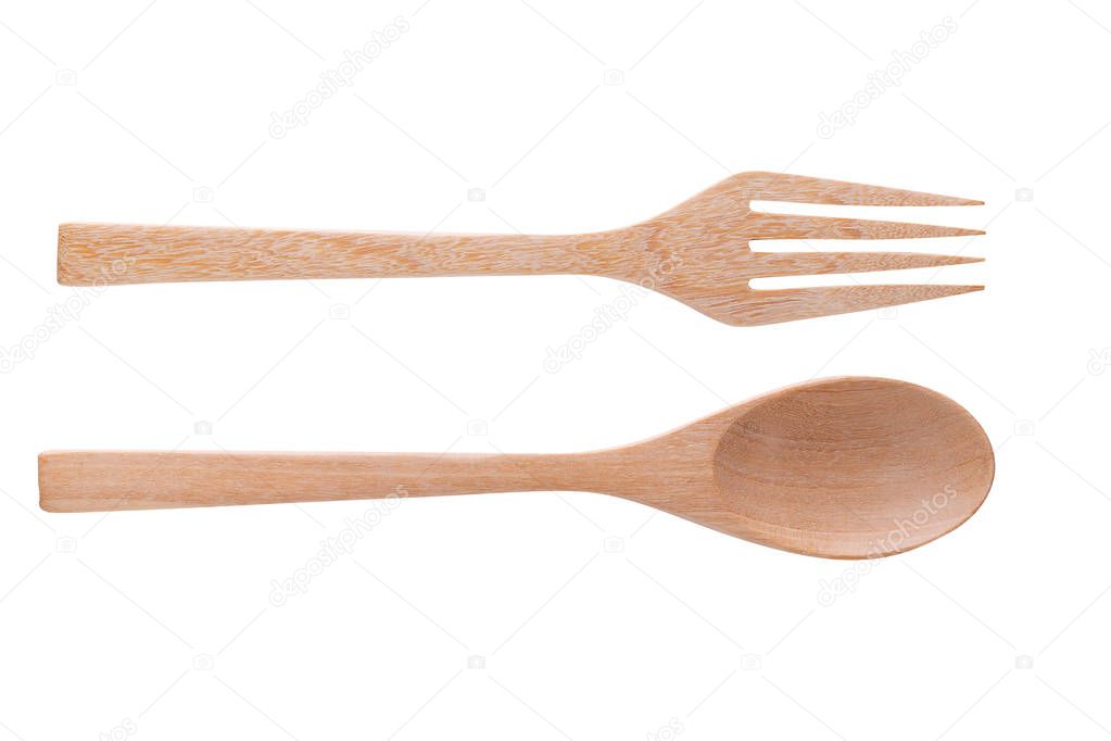 Wooden spoon and wooden fork isolated over white background