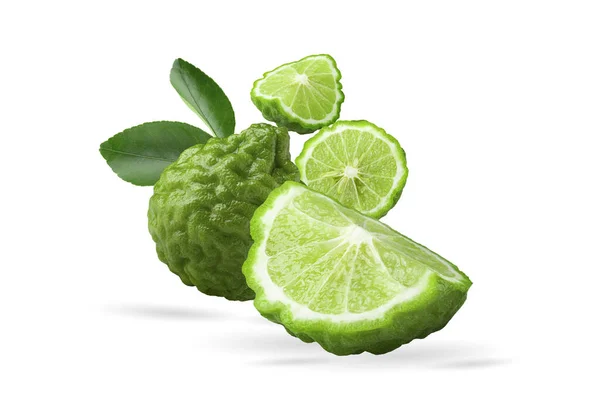 Groene Bergamot Fruit Bladeren Witte Achtergrond Met Clipping Pad — Stockfoto