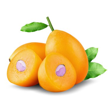 Tatlı Marian erik meyvesi ve yeşil yaprak kesme yolu ile beyaz arka planda izole.