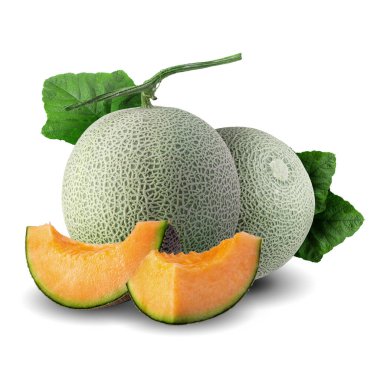 Kavun bütünü ve kesme yolu ile beyaz arkaplanda yaprak ile dilimle.