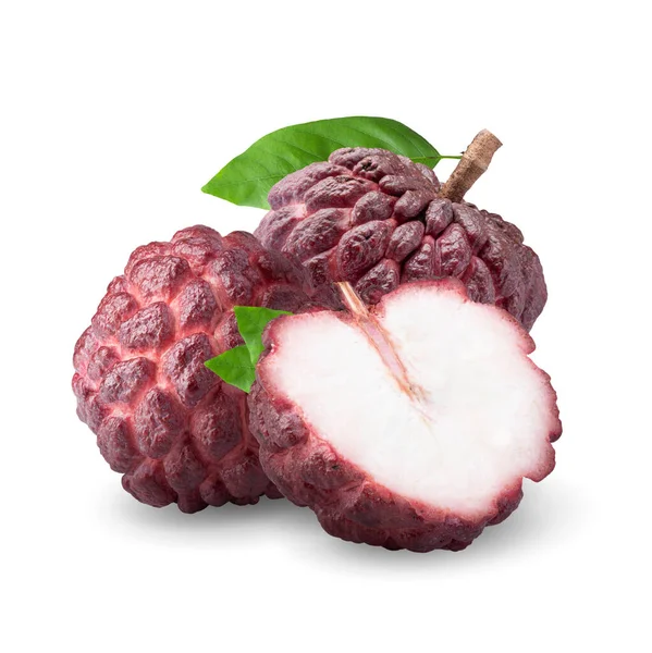 Rød Sukker Apple Eller Custard Apple Med Skive Grønt Blad - Stock-foto