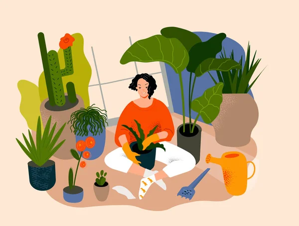 若い女性は温室や家庭菜園で時間を過ごす 国内植物の世話をする女性 精神保健支援創造的な概念 現代風の平面ベクトル図 — ストックベクタ