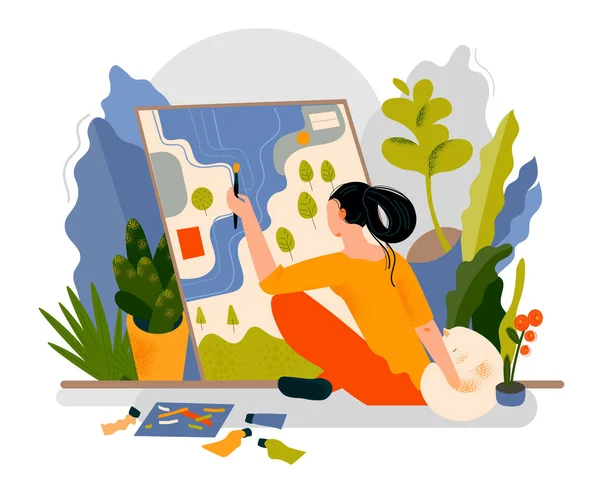 女性の絵の床に座って 自然の旅の夢を描く 精神保健支援創造的な概念 現代風の平面ベクトル図 — ストックベクタ