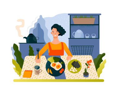 Lezzetli yemekler yiyen genç ve güzel bir kadın. Rutin yaratıcı konsept. Tasarımcı şablonları için modern biçimdeki düz vektör çizimi.