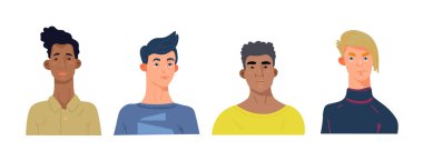 Erkekler farklı duygularla portre koleksiyonu yaparlar. Gerçek insan portreleri seti. Yazdırma ve tasarım tamplakaları için modada düz vektör çizimi. Vektör simgeleri ve avatarlar