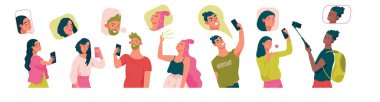 Bir grup stil sahibi kadın ve erkek akıllı telefonları var. Selfie çekiyorlar. Yaratıcı kavramların selfie 'leri. Tasarımcılar için düz çizgi film vektör çizimi