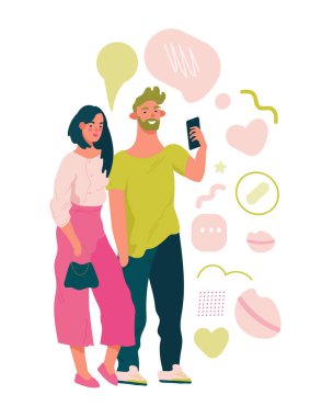 Akıllı telefondan selfie çeken hoş bir kadın ve erkek. Yaratıcı kavramların selfie 'leri. Tasarımcılar için düz çizgi film vektör çizimi