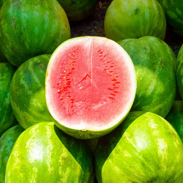 Ripe Tasty Watermelons Pleasure Supermarket Counter Selective Focus — Stock Photo, Image