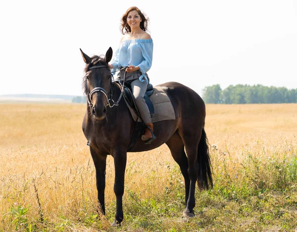 Beautiful Girl Her Horse Summer Forest — Stock Photo, Image