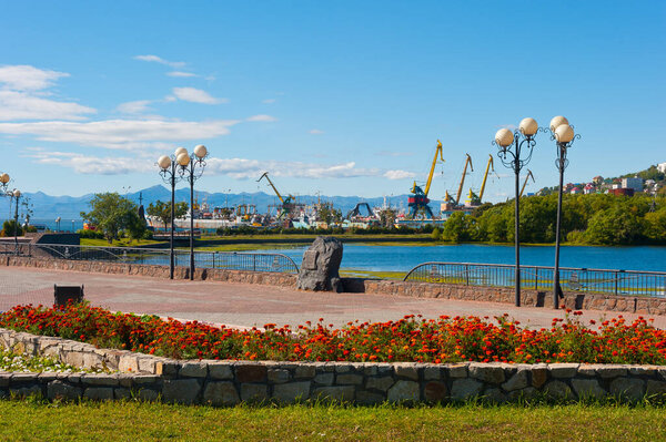 Petropavlovsk-Kamchatsky - view of the Vitus Bering memorial sign and the port.