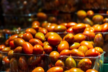 Sepette domates. Piyasada organik ve sağlıklı kırmızı kiraz domatesleri, lens bulanıklığı.