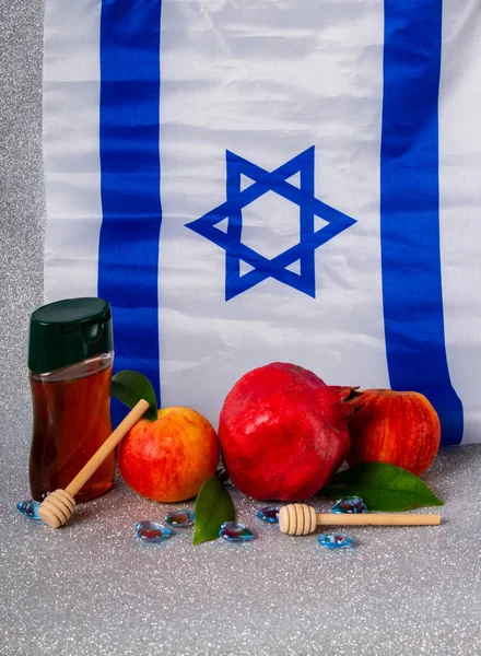 Rosh Hashaná Vacaciones Judías Año Nuevo Concepto Símbolos Tradicionales Con —  Fotos de Stock