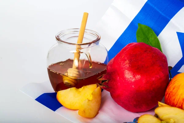 Rosh Hashanah Joods Nieuwjaar Vakantie Concept Traditionele Symbolen Met Kopieerruimte — Stockfoto