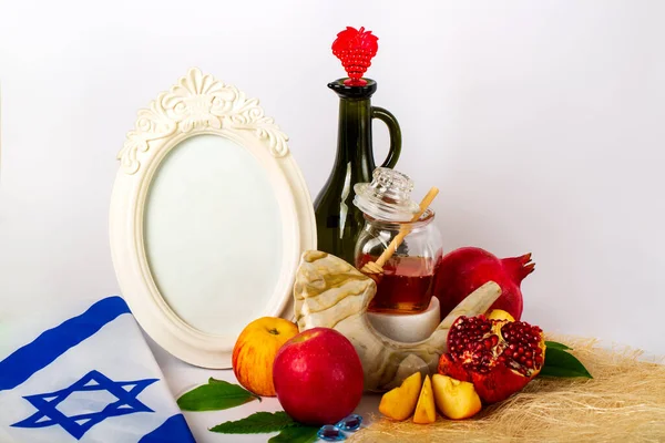 Rosh Hashanah Joods Nieuwjaar Vakantie Concept Traditionele Symbolen Met Kopieerruimte — Stockfoto