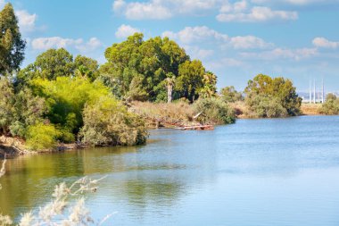Sakin ve huzurlu göl, su yüzeyinde hafif dalgalanmalar, yukarıdaki mavi gökyüzünü yansıtıyor. Göl, çeşitli ağaç türleri ve çalılar da dahil olmak üzere yoğun yeşil bitki örtüsüyle sınırlıdır. Ahşap iskele ya da iskele belki de balık tutmak içindir..