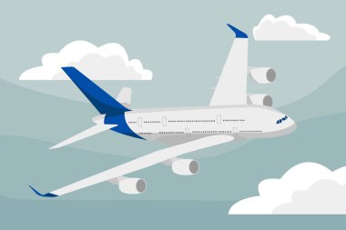 Uçak uçuyor. Gökyüzünde bulutların arasında bir uçak. Bir uçağın çizimi.