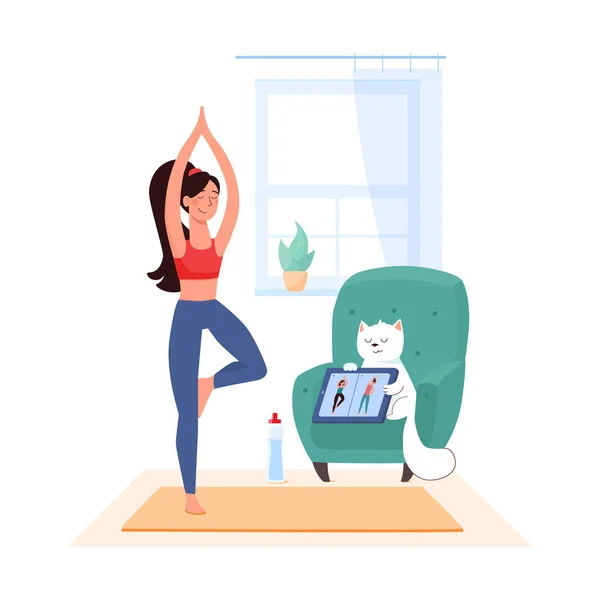 İnternette egzersiz, yoga, vrksasana vektörü. Kız evde spor yapmak için tabletle video bağlantısı kuruyor. Beyaz kedinin elinde bir alet var, koltukta. Bir kadın derede Assanas yapar. izole.