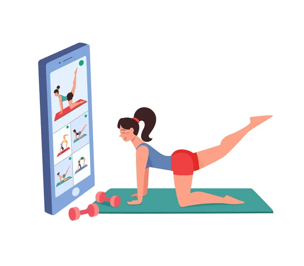 Kız spor için cep telefonuyla video konferansına gidiyor. Çevrimiçi antrenmanlar, aletler ve vektörlerle spor yapmak. Kadın jimnastik yapıyor, antrenman yapıyor, bacak kaslarını sallıyor. İzole edilmiş,