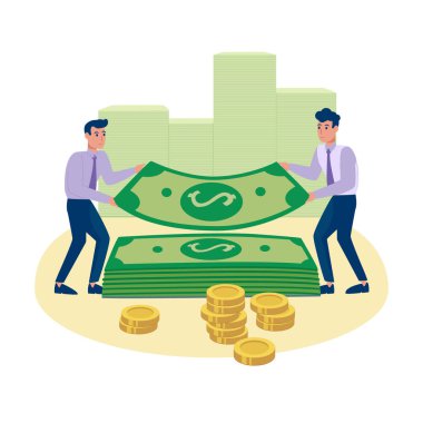 Bankacılık sisteminin işi. Çalışan erkekler para ile toplu operasyonlar yaparlar. Hava yastığı, taşıyıcı düz stil, izole edilmiş. Banka kasası, nakit para kaynağı, yeşil banknotlar ve altın adam.