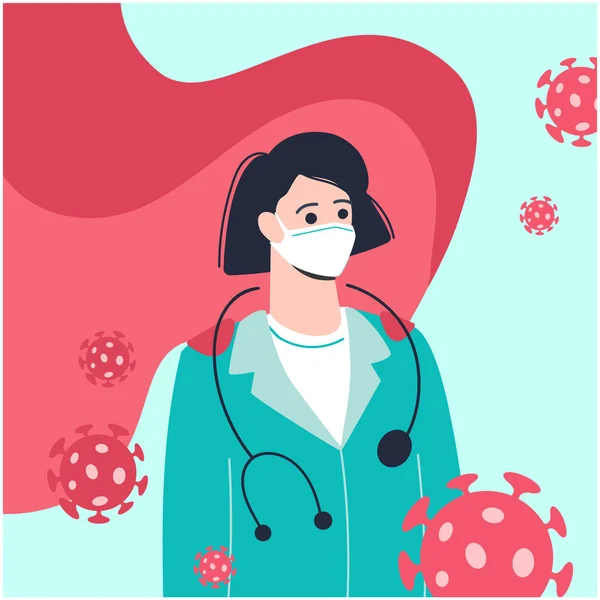戴着医疗面罩和红色斗篷的女医生。医生是一位现代超级英雄.护士周围的细菌卡通风格的矢量。Covid-19 Coronavirus大流行病。被隔离了. — 图库矢量图片
