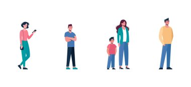 Kuyruk, sosyal mesafeye tabidir. Erkekler, kadınlar ve bir çocuk, Coronavirus da dahil olmak üzere virüslerin yayılmasını önlemek için 1-2 metre mesafeyi koruyun. Vektör illüstrasyonu.