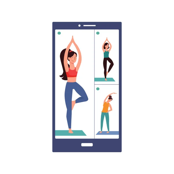 İnternette egzersiz, yoga, vrksasana vektörü. Antrenmanlı telefon. Kızlar bir video konferansı aracılığıyla yoga yapıyorlar. Karantina sırasında, insanlar evlerinde spor yaparlar. Aygıtla spor