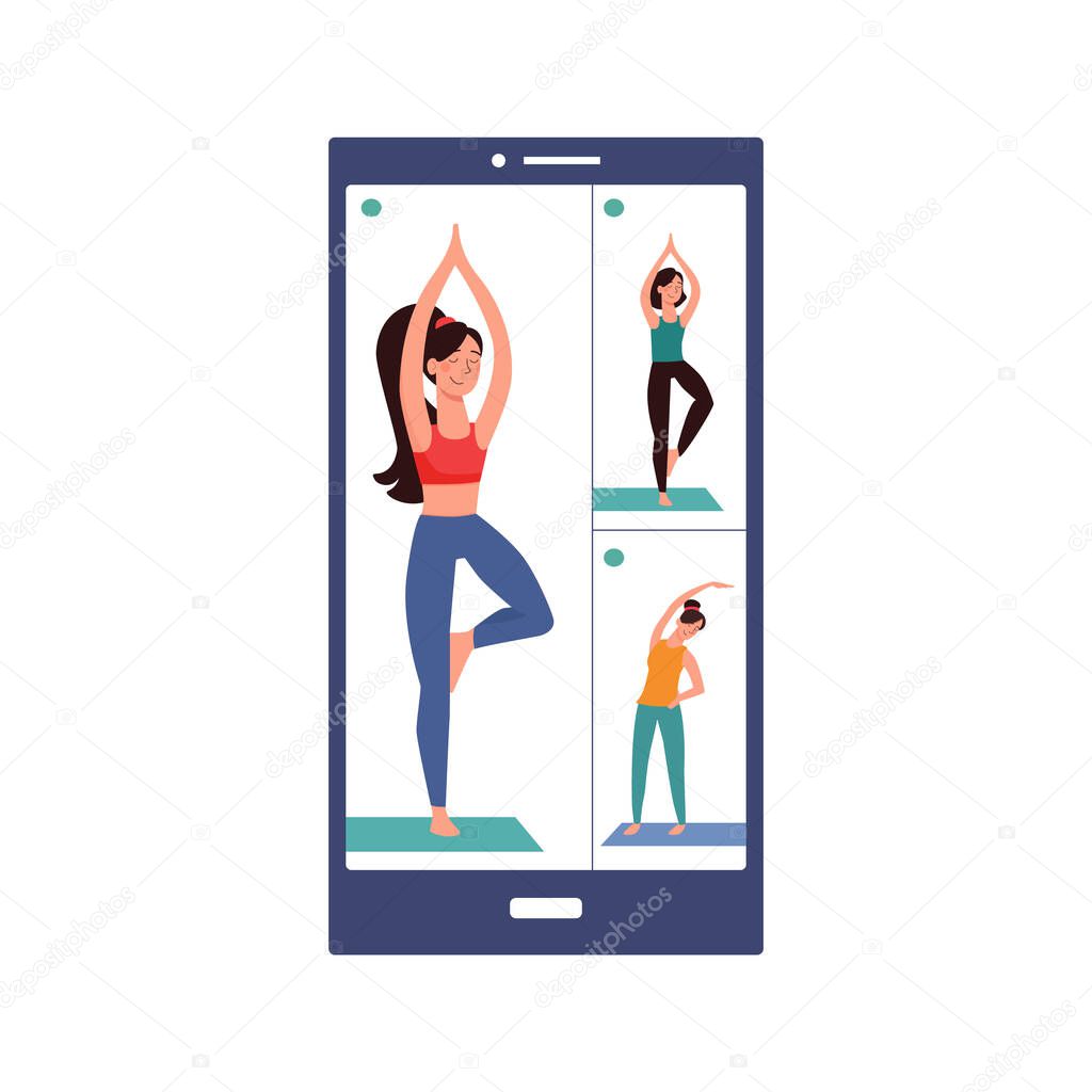 Workouts online, yoga, vrksasana vector. Phone with training online. Girls are engaged in yoga on the mat through a video conference. During quarantine, people play sports at home. Fitness with gadget