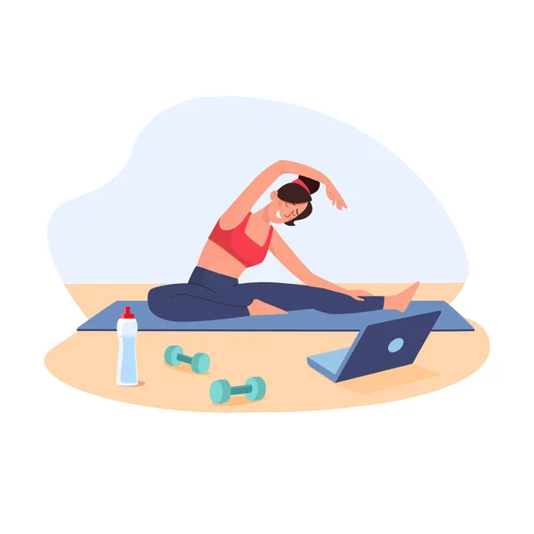 Kız spor için eve dizüstü bilgisayardan arıyor. İnternette spor, vektör. Antrenör çevrimiçi fitness yönetiyor. Bir kadın esneme hareketi yaparken yan tarafa eğilir. vektör, izole, düz.