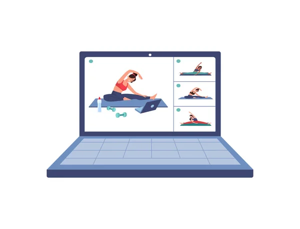 Laptop med träning online. Flickor sträcker ut på mattan genom en videokonferens på laptop, telefon, surfplatta. Under karantänen idrottar kvinnan hemma. Fitness med hjälp av prylar, tecknad film, vektor. — Stock vektor