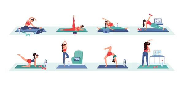 Kızlar video konferans aracılığıyla spor için evlerine gidiyorlar. İnternette spor yapıyor, mobil cihazlar, dizüstü bilgisayarlar, tabletler kullanıyor. Kadınlar jimnastik, yoga, fitness koçu ile antrenman yapıyor. İzole edilmiş düz vektör kümesi