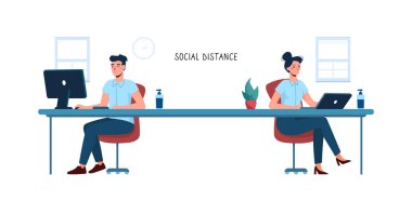 Ofiste sosyal mesafe. Girişimlerde yeni güvenli iş standartları. Kadın ve erkek işçiler, birbirlerinden uzakta oturuyorlar ve çalışıyorlar. Vektör illüstrasyonu, yeni iş gereksinimleri, daire.
