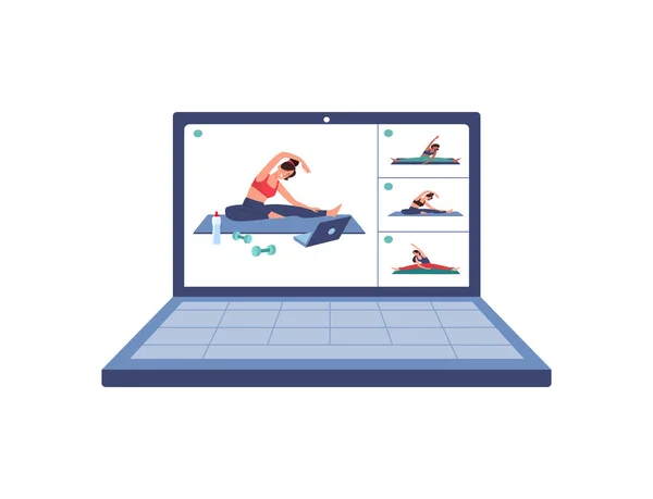 İnternette spor yapan bir bilgisayar. Kızlar dizüstü bilgisayar, telefon, tablet üzerinden halının üzerine uzanıyorlar. Karantina sırasında kadın evde spor yapıyor. Aletleri, karikatürü, vektörü kullanan fitness.