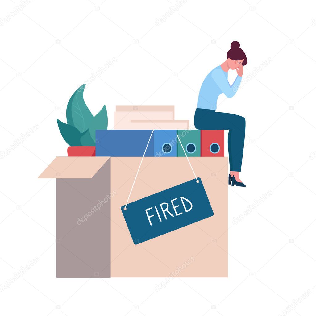 Fired woman crying in the office on the box with things, depression. Job loss due to crisis, contraction, coronavirus, economic decline. Dismissed employee, unemployment . Vector flat, isolated