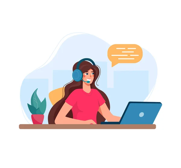 Especialista em call center de ilustração vetorial. Mulher com fones de ouvido e microfone com laptop. Conceito de apoio, assistência. No fundo é uma cidade abstrata. Isolado em branco, plano . —  Vetores de Stock