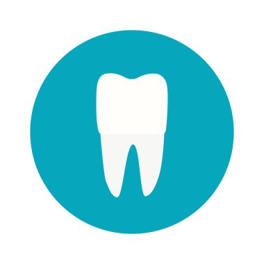 Modern, minimalist simge dişi. Dişçiler için vektör logosu. Mobil arayüz sembolü, mavi yuvarlak arkaplan üzerinde düz illüstrasyon