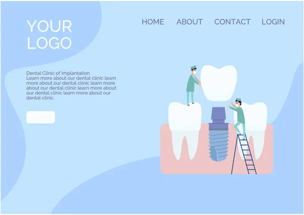Vector Website-Design im flachen Stil. Zwei Implantologen installieren ein Zahnimplantat: Setzen Sie eine Krone auf das Widerlager. Gesunde Zähne in der Nähe. Blaue und weiße Farben, Clip Art im Cartoon-Stil — Stockvektor