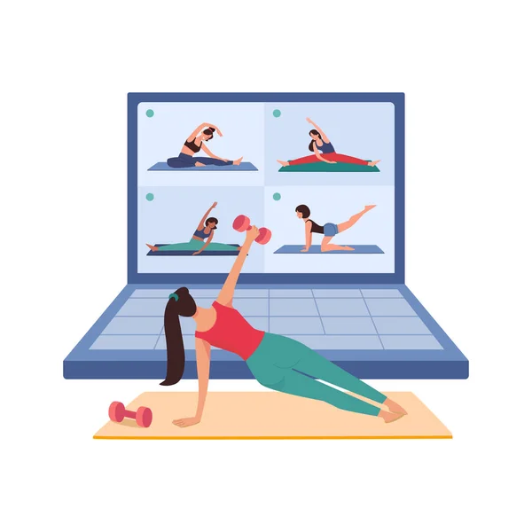 Woman goes in for sports at home by video connection on a laptop. The coach conducts fitness online, safety and self-isolation. Girl shakes muscles with dumbbells. Workout online, vector isolated,flat — Stock Vector