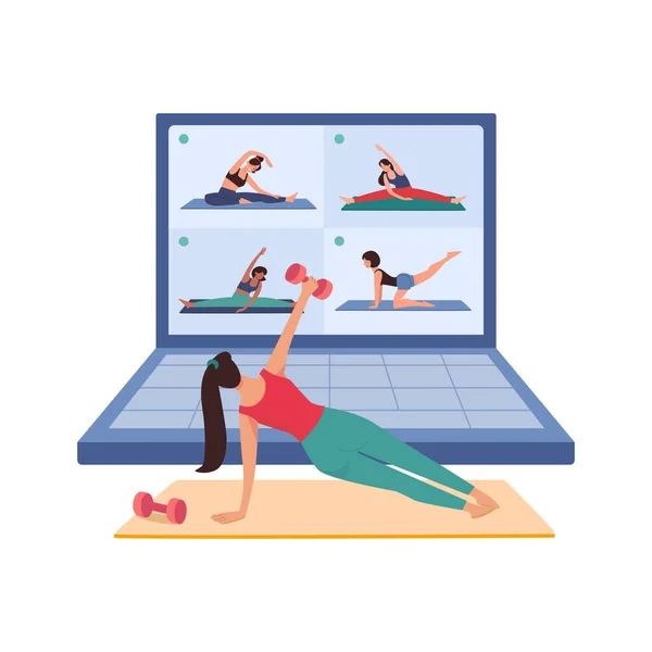 Kadın eve spor için dizüstü bilgisayarla video bağlantısı kuruyor. Koç çevrim içi fitness, güvenlik ve kendini izolasyon yönetiyor. Kız dambıllarla kaslarını sallıyor. Çevrimiçi egzersiz, vektör izole, düz