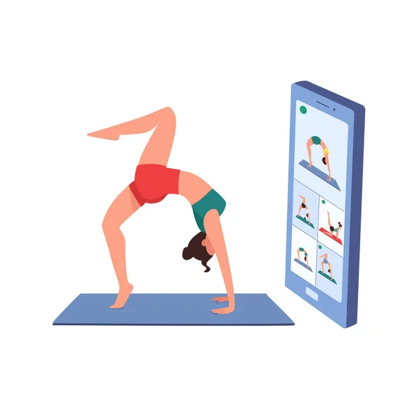 Kız spor için cep telefonuyla video konferansına gidiyor. Koç aletleri kullanarak internet üzerinden antrenman yapıyor. Kadın jimnastik yapıyor, antrenman yapıyor. İzole vektör spor salonu, düz.