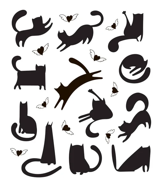Conjunto vetorial moderno de formas de gato desenhadas à mão livre para impressão, têxtil, camisetas, cartões, adesivos, cartazes. Ilustração de gatinhos pretos e brancos que dormem, brincam, correm e corações com asas — Vetor de Stock