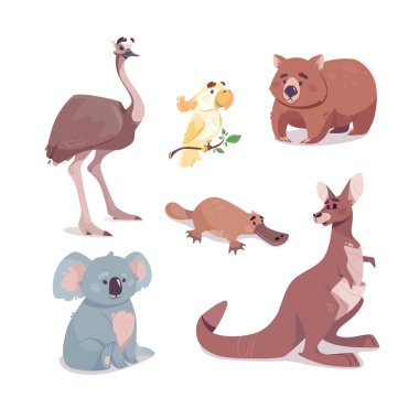 Avustralya hayvan vektörü ayarlandı. Kanguru, koala, wombat, emu, kakadu, ornitorenk, şeffaf arka planda izole edilmiş. Komik çizgi film karakterleri. Endemik. Hayvanat bahçesinin tasviri. Vahşi hayvanlar ve kuşlar.