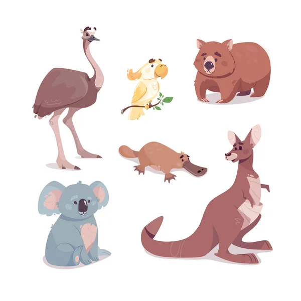 澳大利亚动物病媒群。袋鼠，考拉，袋鼠，母鼠，鹦鹉，鸭嘴兽，在透明的背景下被隔离。有趣的卡通人物。大流行病。动物园的图解。野生动物和鸟类. — 图库矢量图片