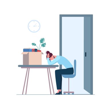 Ofiste ağlayan kadın depresyonda. Kriz, kasılma, koronavirüs, ekonomik gerileme nedeniyle iş kaybı. Kovulmuş bir çalışan. Kutunun yanında bir şeyler var. Vektör dairesi, işsizlik izole edilmiş