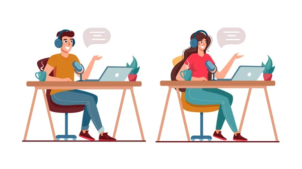 Güzel erkek ve kadın podcast 'leri kaydediyor. Elinde mikrofon olan blogcular stüdyoda canlı yayında konuşuyorlar. Vektör illüstrasyonu beyaza izole edildi. Web afişi, bilgi ve iniş sayfaları için