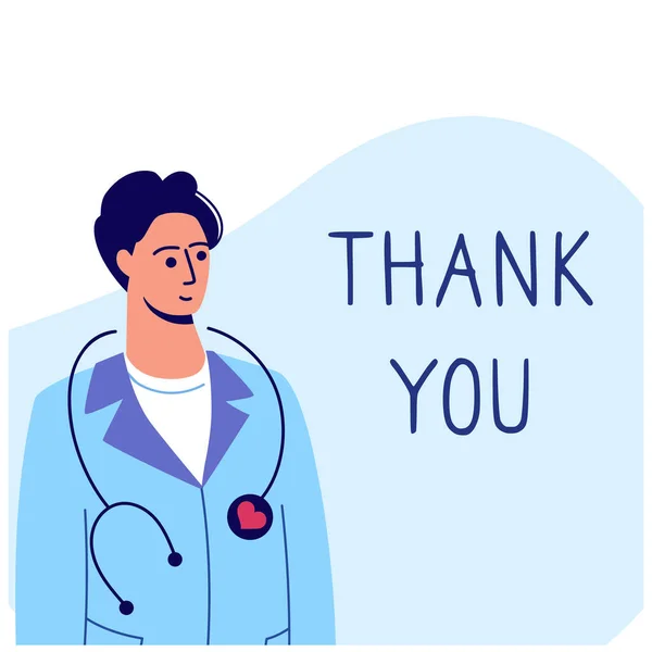 Doktor 2020 'nin modern kahramanı. Yazılanlara göre. Coronavirus salgını bağlamında tıbbi ekip Covd-19.Düz stil vektör çizimi. Sabahlık giymiş bir doktor.